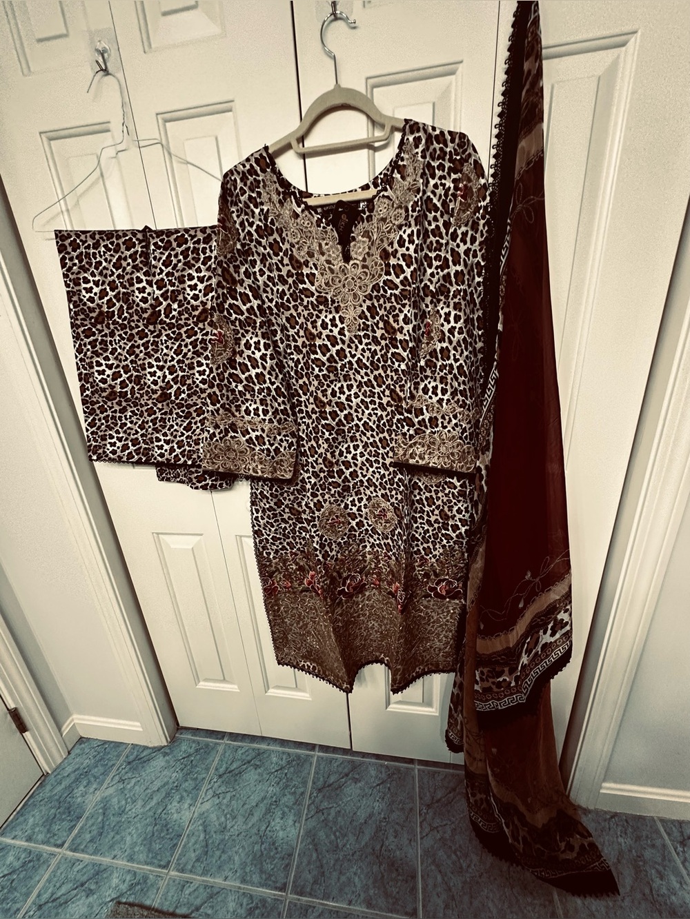 Leopard Print Salwaar Kameez Dress with Embroidered Hem - Brown 23”